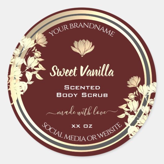 人目を引くフローラバーガンディ金ゴールド製品ラベル ラウンドシール (正面)