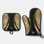 人目を引く金ゴールドブラックダマスクのダイナミックライン 鍋つかみ&鍋敷きセット (正面)