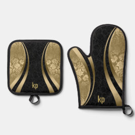 人目を引く金ゴールドブラックダマスクのダイナミックライン 鍋つかみ&鍋敷きセット