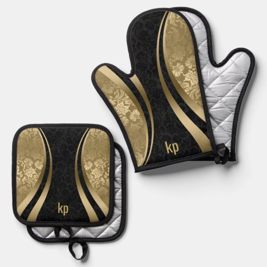 人目を引く金ゴールドブラックダマスクのダイナミックライン 鍋つかみ&鍋敷きセット (正面/裏面)