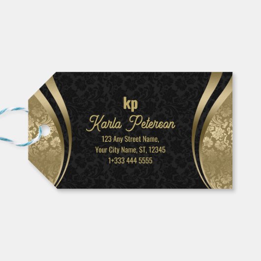 人目を引く金ゴールドブラックダマスク動的ライン2 ギフトタグ (裏面横)