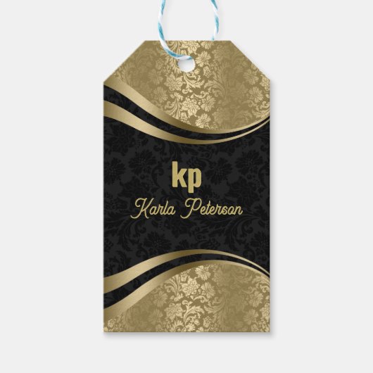 人目を引く金ゴールドブラックダマスク動的ライン2 ギフトタグ (正面)
