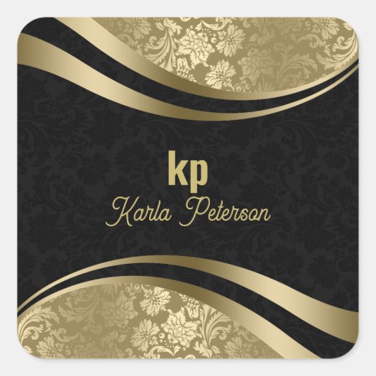 人目を引く金ゴールドブラックダマスク動的ライン2 スクエアシール (正面)
