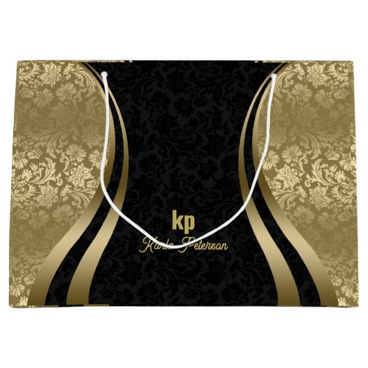 人目を引く金ゴールドブラックダマスク動的ライン2 ラージペーパーバッグ (正面)