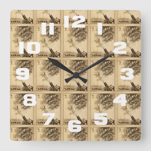 人間のキャノンボールのヴィンテージのサーカスの出し物のビクトリア時代の人 スクエア壁時計 (正面)
