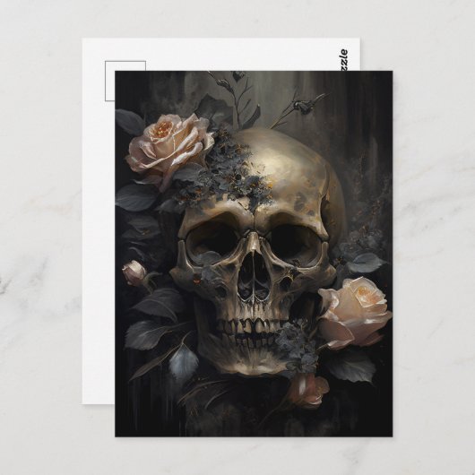 人間のスカルとバラダークゴシック ポストカード (正面/裏面)