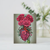 人間のハートと赤いバラの花の超現実美術 ポストカード (スタンド正面)