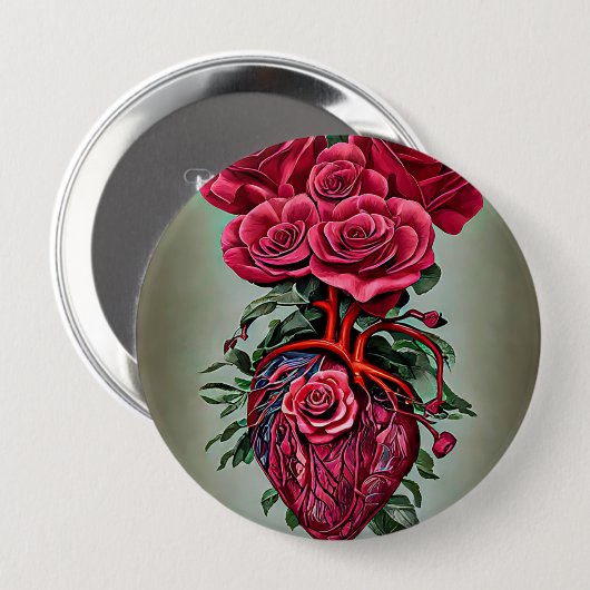 人間のハートと赤いバラの花の超現実美術 缶バッジ (正面&裏面)