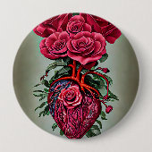 人間のハートと赤いバラの花の超現実美術 缶バッジ (正面)