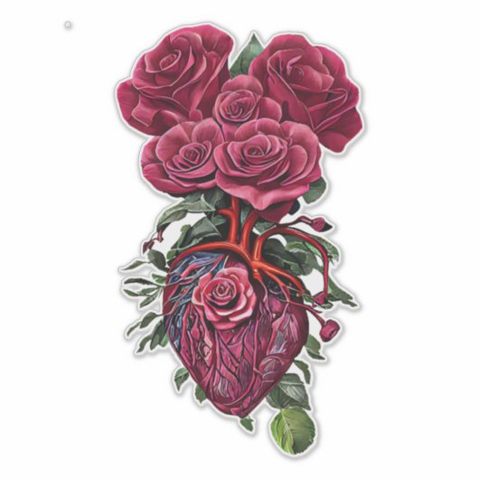 人間のハートと赤いバラの花Stic超現実美術 シール (正面)