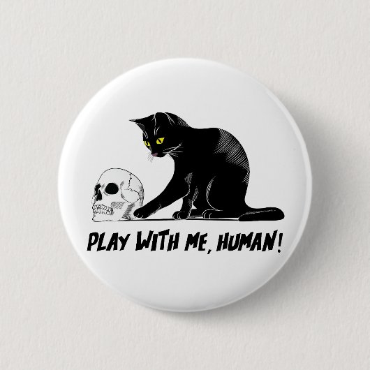 人間の怖い遊スカルを持つ黒猫 缶バッジ (正面)