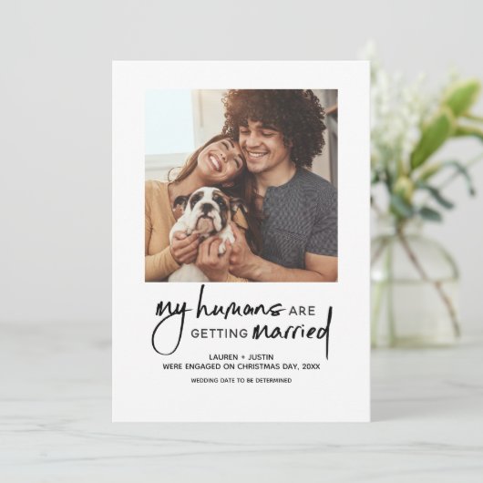 人間モダンが結婚する3枚の写真婚約 招待状 (スタンド正面)