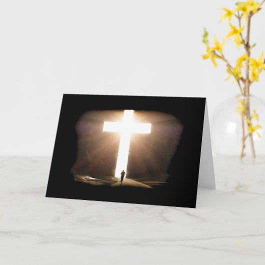 人間ランニングのキリスト白熱［赤熱］光を放つ教十字架 カード (黄色い花)