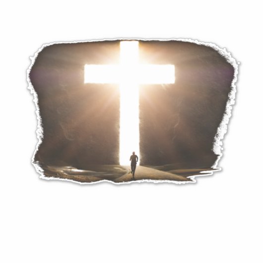 人間ランニングのキリスト白熱［赤熱］光を放つ教十字架 シール (正面)