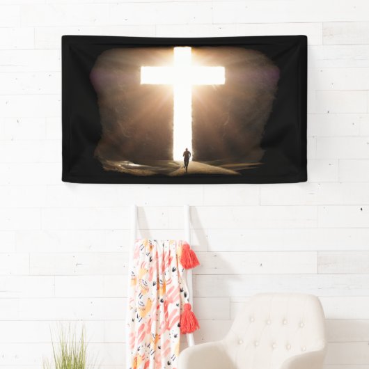 人間ランニングのキリスト白熱［赤熱］光を放つ教十字架 横断幕 (インサイチュ)