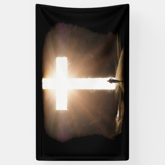 人間ランニングのキリスト白熱［赤熱］光を放つ教十字架 横断幕 (縦)