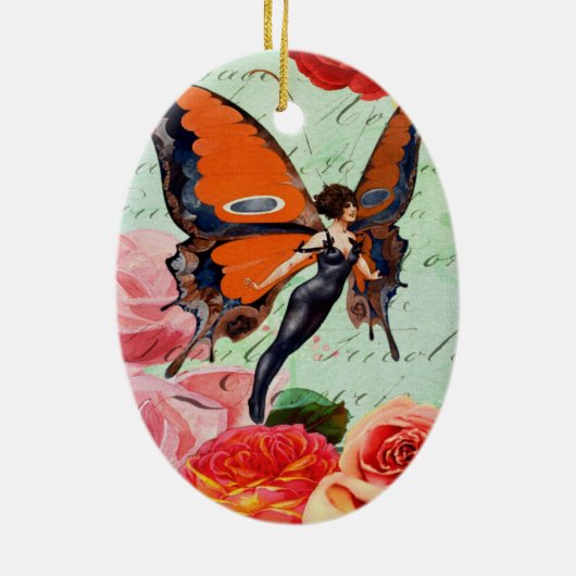 人間動物のバラを持つ雑種の蝶女性 セラミックオーナメント (裏面)