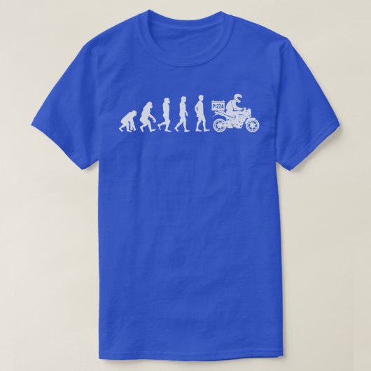 人類の進化 ピザ配達の人がピザを食べる Tシャツ (デザイン正面)