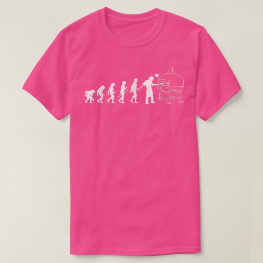 人類の進化 ピザ配達の人がピザを食べる Tシャツ (デザイン正面)