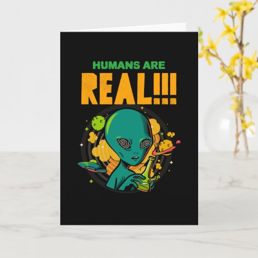 人類は本当に存在する!!!!!! ショックを受けたエイリアンのイラストレーター カード (黄色い花)