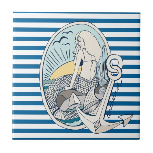 人魚およびいかり青および白のストライプなタイル タイル (正面)