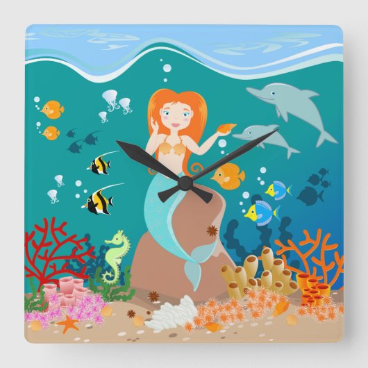 人魚およびイルカの誕生会 スクエア壁時計 (正面)