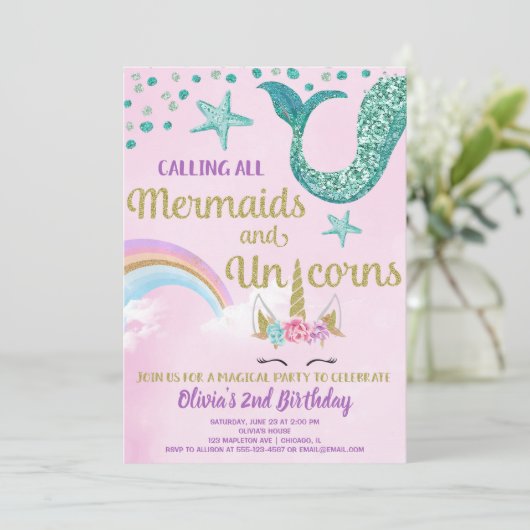 人魚およびユニコーンのピンクの金ゴールドのティール（緑がかった色）の誕生日 招待状 (スタンド正面)