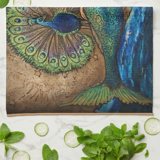 人魚および孔雀 キッチンタオル (折り畳み)