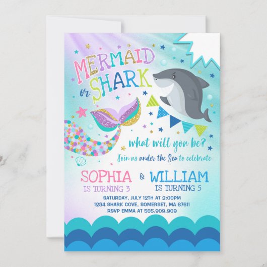 人魚および鮫の誕生日の招待状のプールを囲んでのパーティ 招待状 (正面)