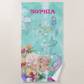 人魚かわいいグリーンヒトデ ビーチタオル (正面)