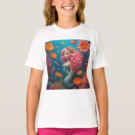 人魚かわいいピンクのTシャツ Tシャツ (正面)