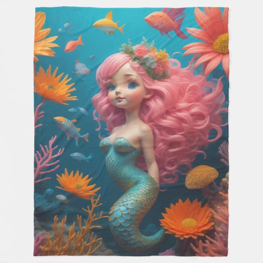 人魚かわいいピンク フリースブランケット (正面)
