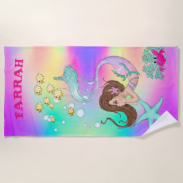 人魚かわいいレインボーピンクのヒトデのダークヘア ビーチタオル