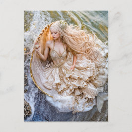 人魚が岸の巨大な貝殻に座る シーズンポストカード