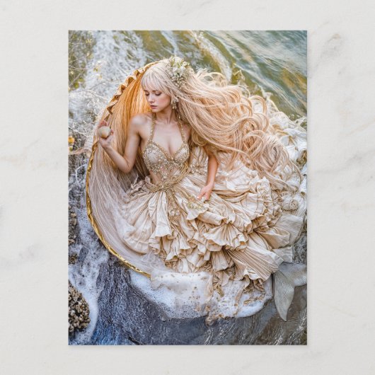 人魚が岸の巨大な貝殻に座る シーズンポストカード (正面)