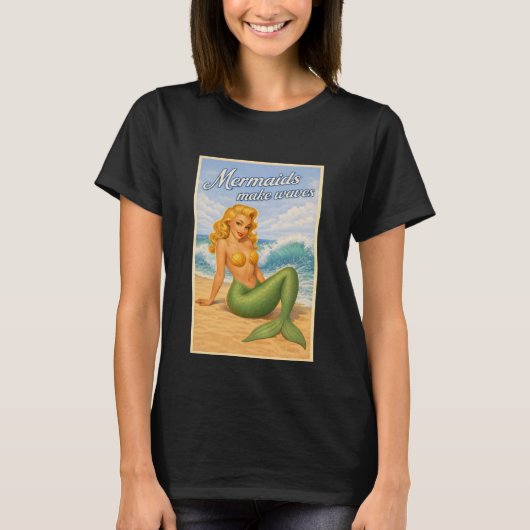 人魚が波を起こすレトロピンアップ | 海岸ビーチ Tシャツ (正面)