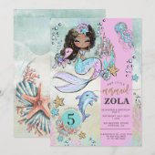人魚が編集できる海の下の5歳の誕生日 招待状 (正面/裏面)