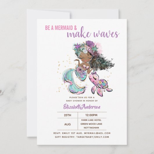 人魚で波の女の子を赤ちゃんシャワーにする 招待状 (正面)
