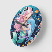 人魚とイルカの壁掛け時計 - 名入れ可能 ラウンド壁時計 (傾斜)