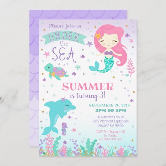 人魚とイルカの招待状 - 海の中 招待状 (正面/裏面)