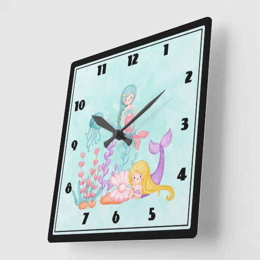 人魚とクラゲが海の水色に スクエア壁時計 (傾斜)
