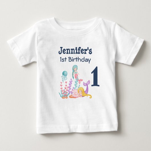 人魚とクラゲの1歳誕生日 ベビーTシャツ (正面)