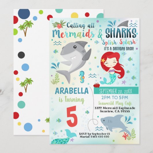 人魚とサメのパーティー招待状 招待状 (正面/裏面)