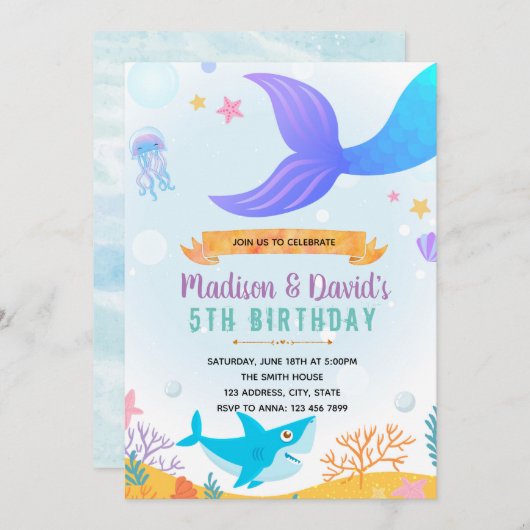 人魚とサメのパーティー招待状 招待状 (正面/裏面)