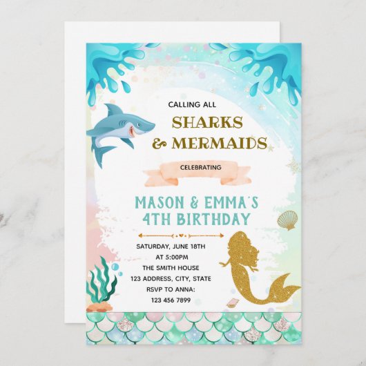 人魚とサメの共同誕生日の招待状 招待状 (正面/裏面)