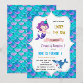 人魚とサメの誕生日テーマ 招待状 (正面/裏面)