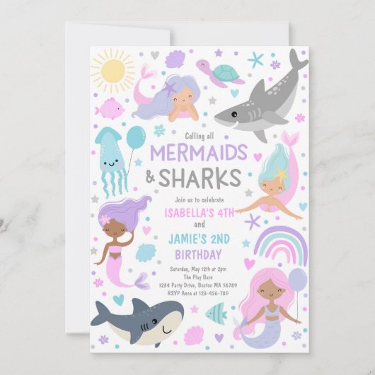 人魚とサメ兄弟姉妹の共同誕生日パーティー 招待状 (正面)