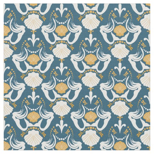 人魚とシーシェルズダマスクパターン ファブリック (クローズアップ)