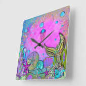 人魚とシーシェルピンクのキラキラ輝き スクエア壁時計 (傾斜)