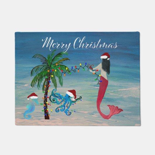 人魚とタコの海岸ビーチクリスマスラグ ドアマット (正面)